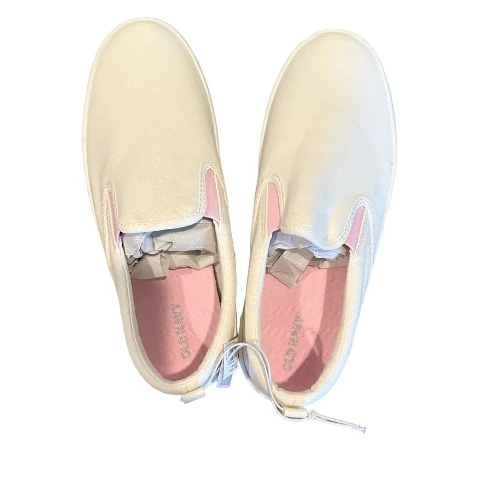 NWT Girls White Slip On Shoes trimmed in pink and green Loafers School- Size 5